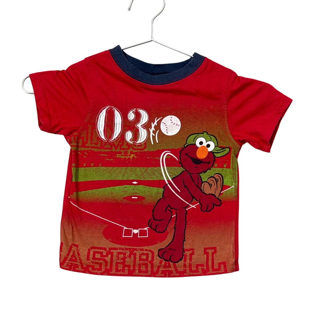 Sesame Street Elmo Baseball Shirt Kids 2T Embroidered Graphic Ringer Tee 2011
